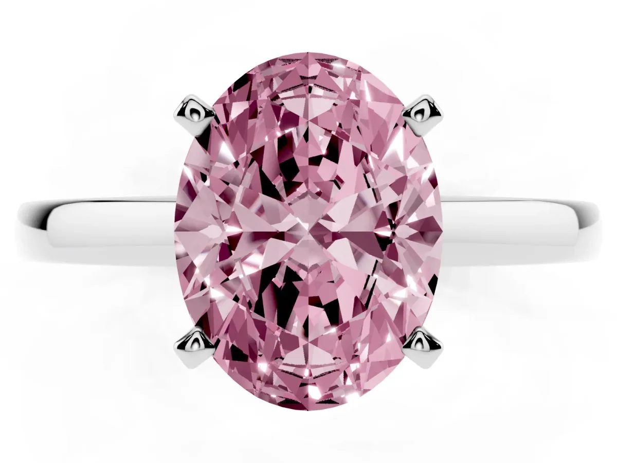 Fancy Pink Oval Cut Solitaire Diamond Engagement Ring with Four-Prong Setting on a Classic Band Platinum