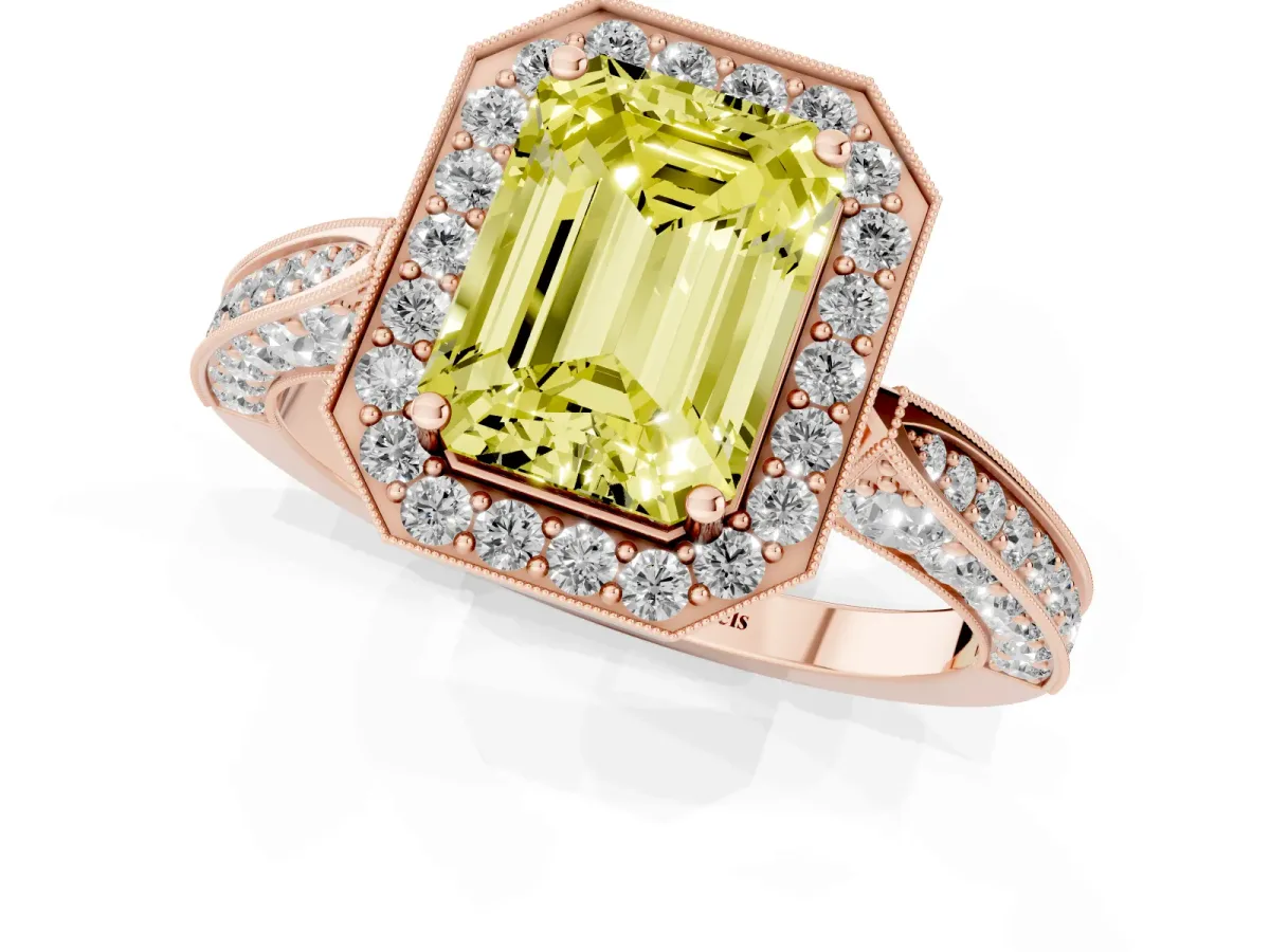 Fancy Yellow Emerald Cut Halo Diamond Engagement Ring with Split Shank Band and Four-Prong Setting Rose gold