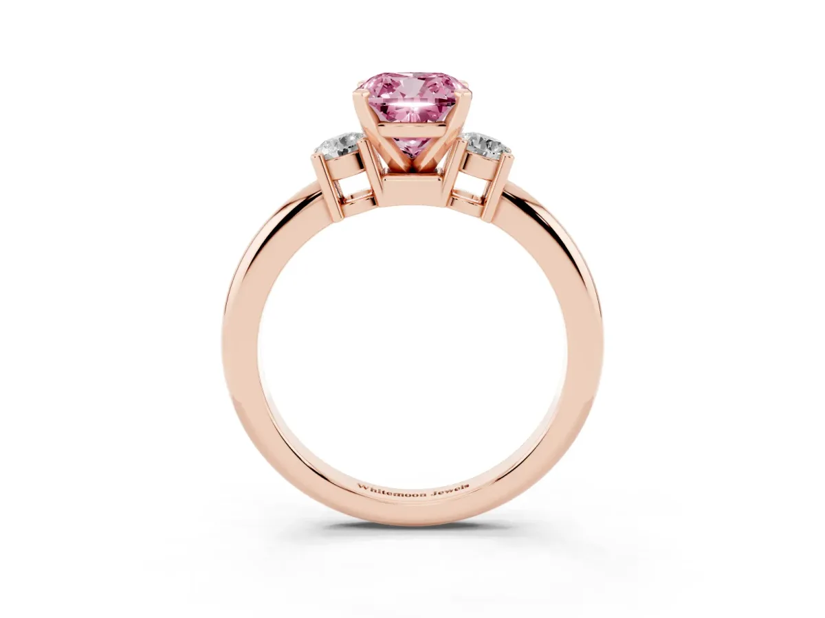 Fancy Pink Three-Stone Cushion Cut Cut Diamond Solitaire with Prong Setting and Classic Band Rose gold