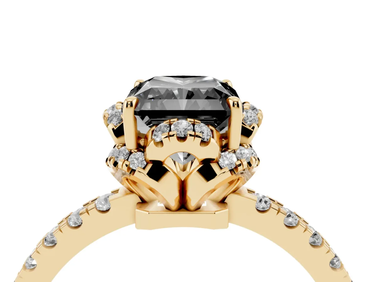 Fancy Black Radiant Cut Diamond Halo Pave Band with Four-Prong Setting Yellow gold