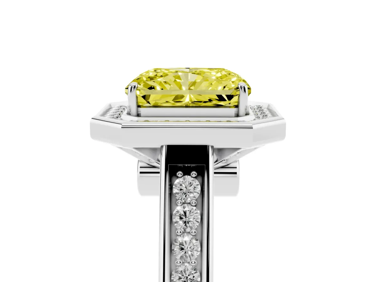 Fancy Yellow Emerald Cut Halo Solitaire Diamond Ring with Pave Band and Bezel Setting Silver