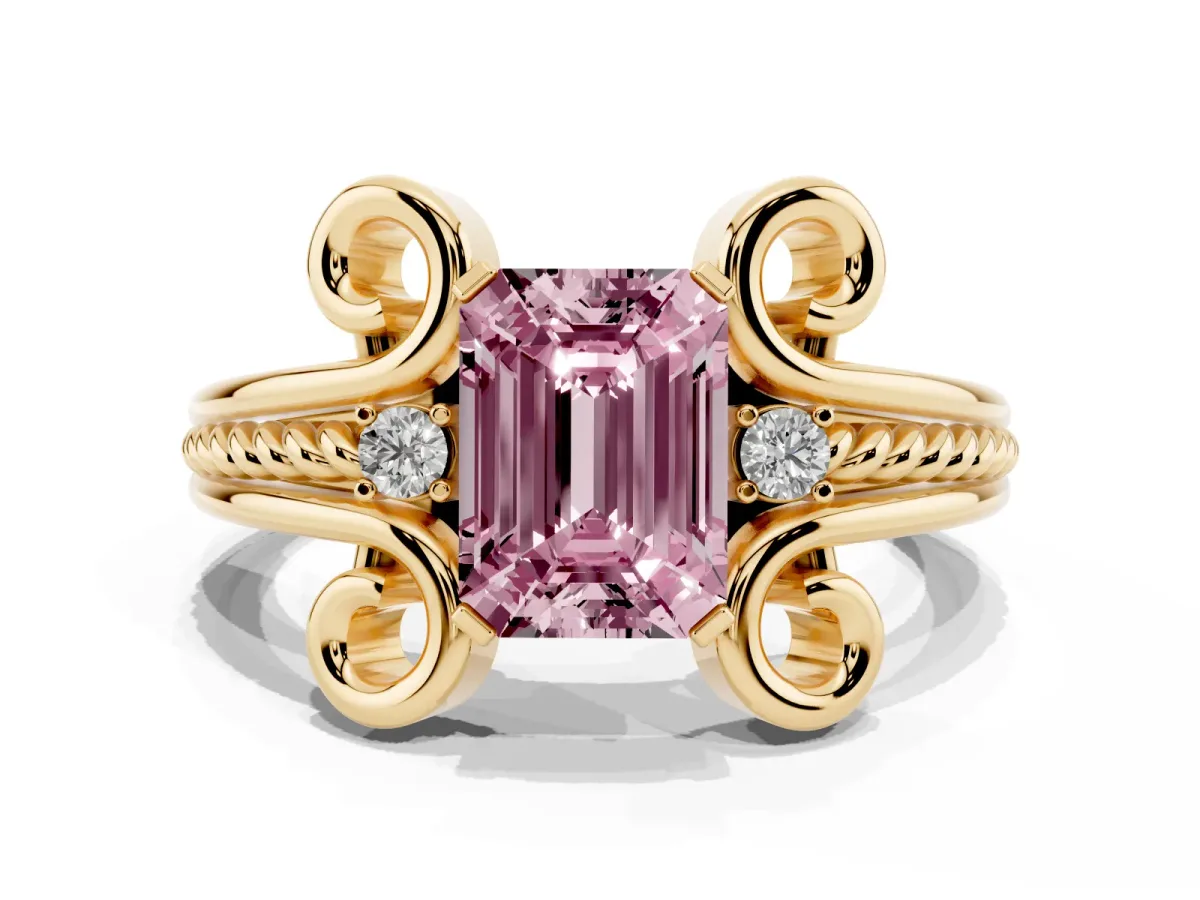 Fancy Pink Emerald Cut Solitaire Twisted Band Scroll Prong Ring Yellow gold