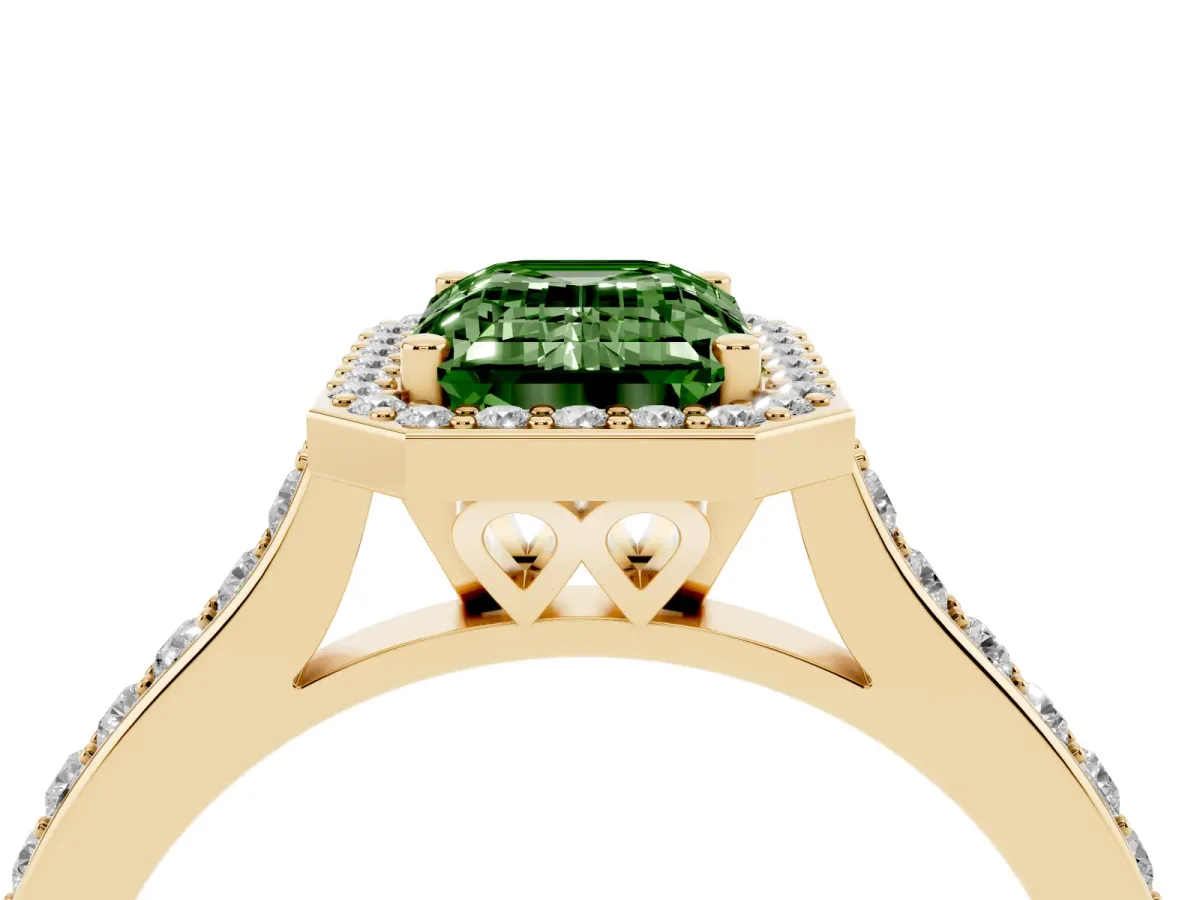 Fancy Green Emerald Cut Diamond Halo Engagement Ring with Round Pavé Shoulders and Prong Setting Yellow gold