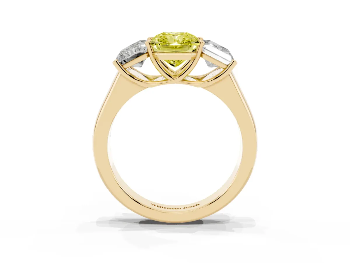 Fancy Yellow Radiant Cut Three-Stone Diamond Ring with Prong Setting on a Classic Band Yellow gold