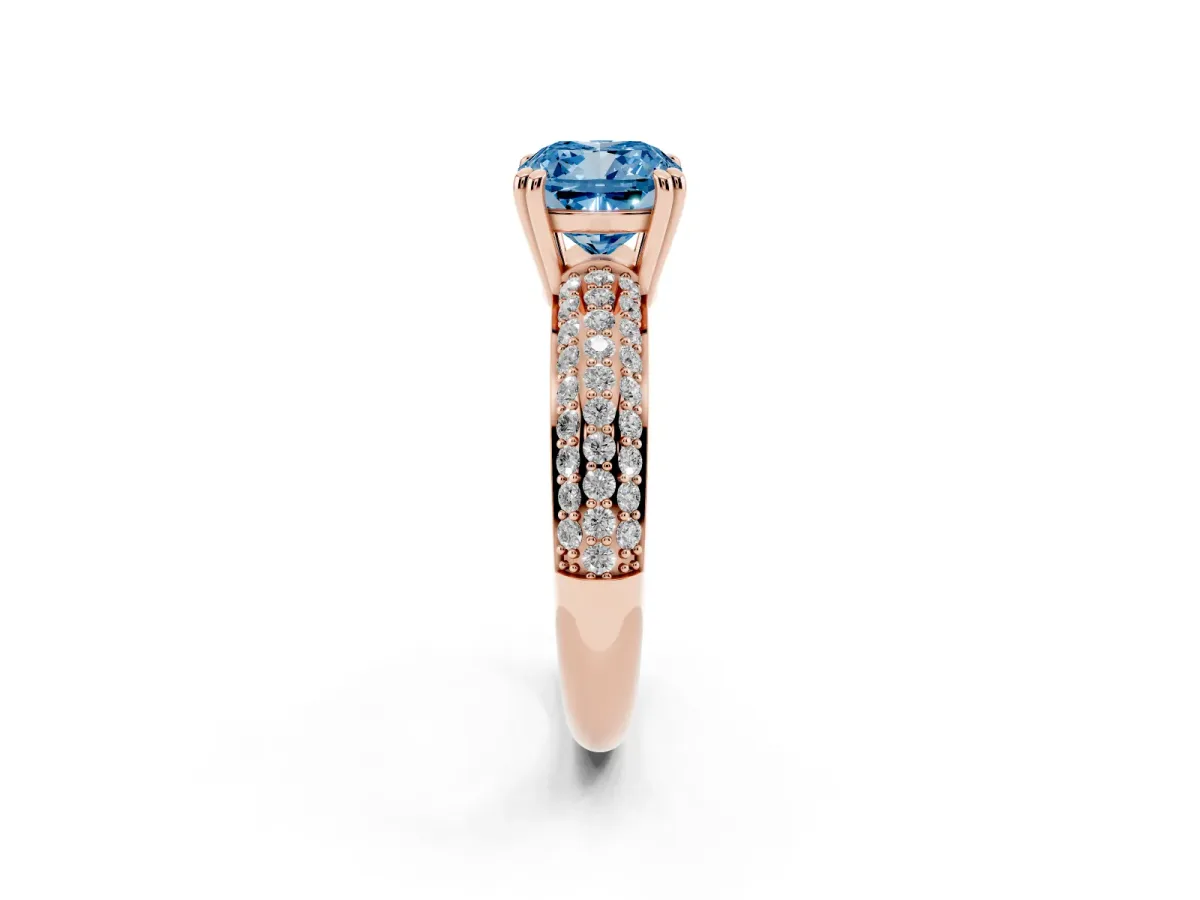 Fancy Blue Cushion Cut Diamond Solitaire Ring with Multi-Row Round Pavé Band and Prong Setting Rose gold