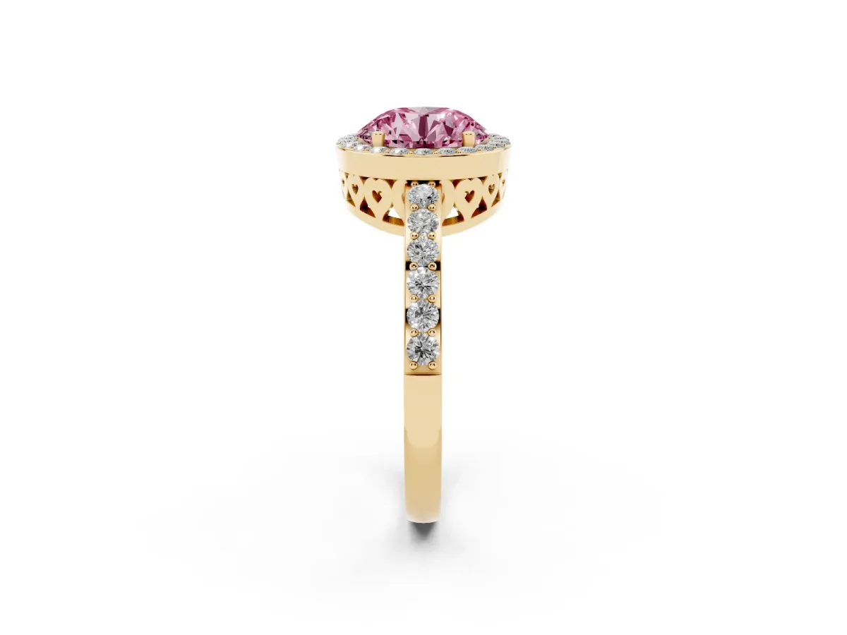Fancy Pink Round Cut Halo Diamond Pavé Band Ring with Prong Setting Yellow gold