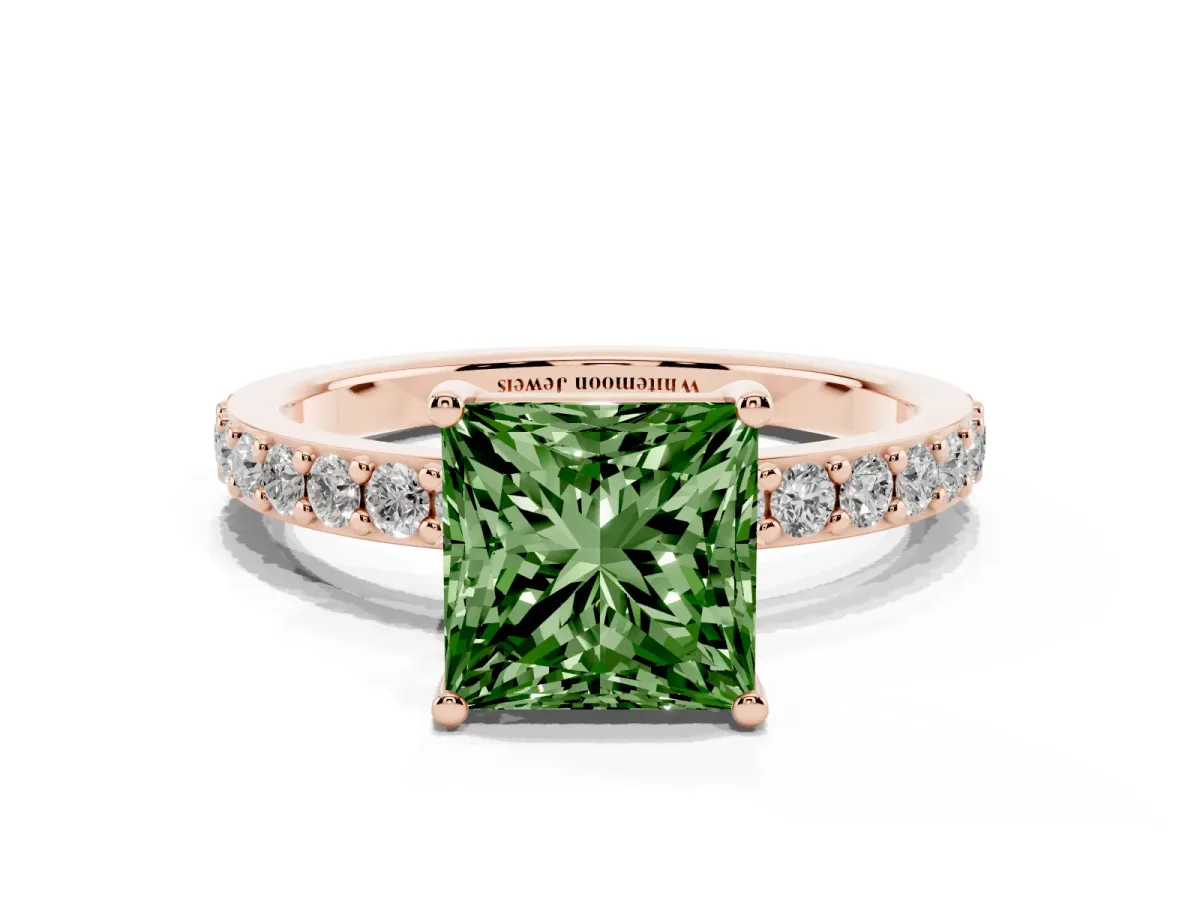 Fancy Green Princess Cut Cut Diamond Solitaire with Pave Band and Four-Prong Setting Rose gold