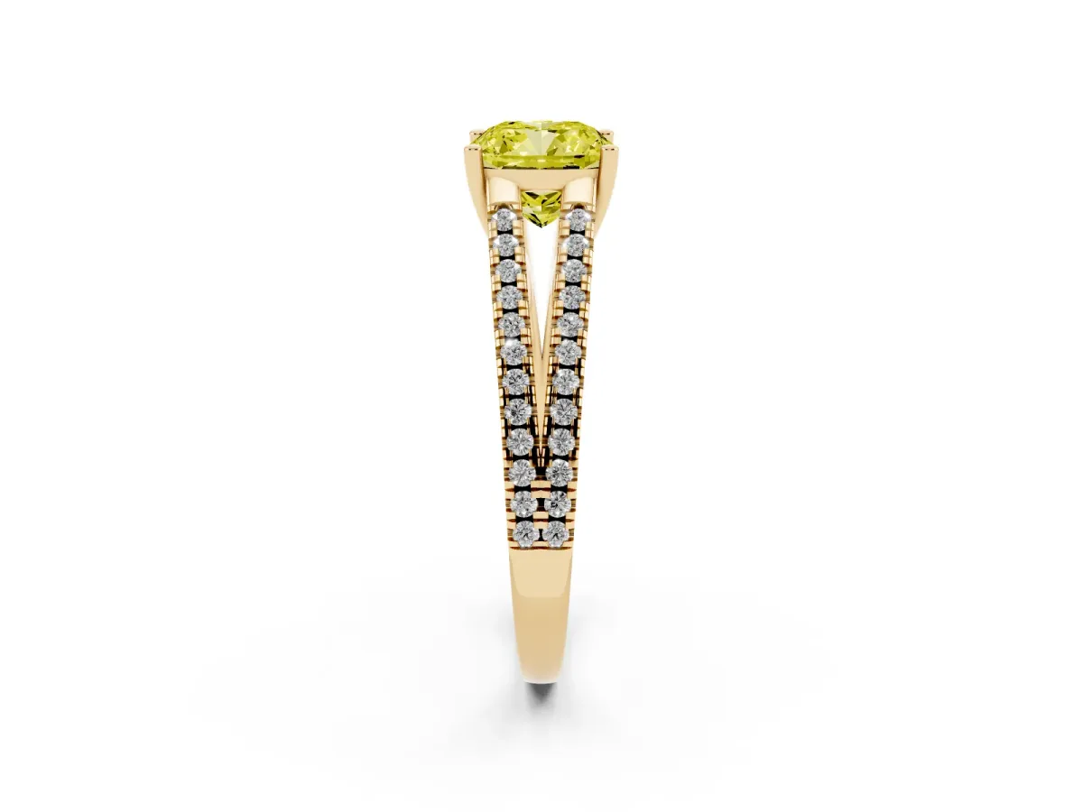 Fancy Yellow Cushion Cut Diamond Solitaire Engagement Ring with Split Shank Pavé Band Yellow gold