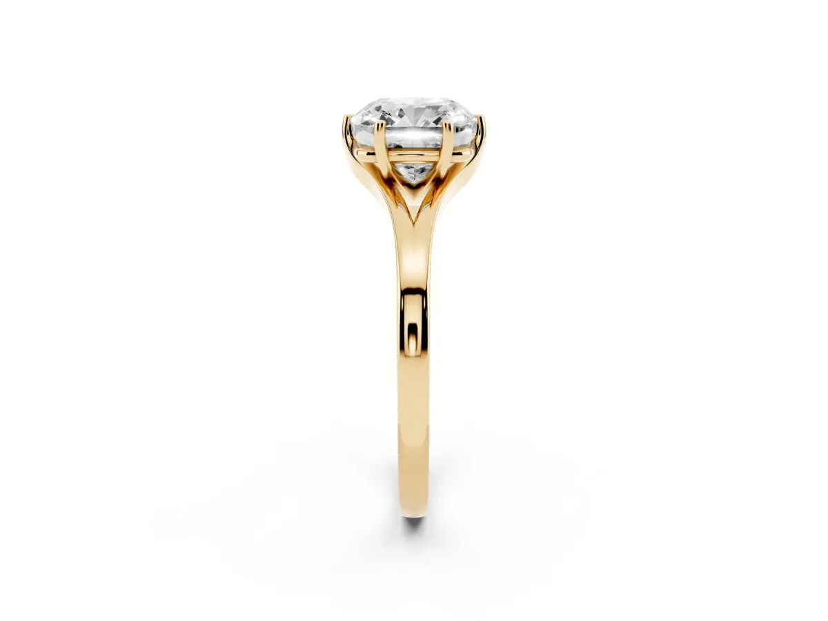 Cushion Cut Solitaire Diamond Ring with Six-Prong Setting and Tapered Band Yellow gold