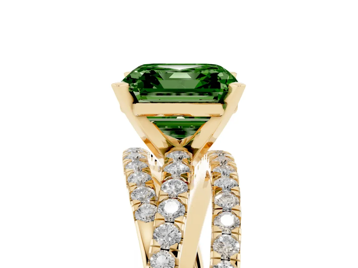 Fancy Green Asscher Cut Solitaire Twist Band with Pavé Setting and Four-Prong Setting Yellow gold