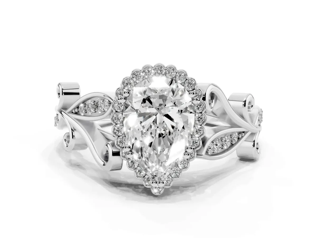 Pear Cut Diamond Halo Ring with Vintage Split Shank and Four-Prong Setting Platinum