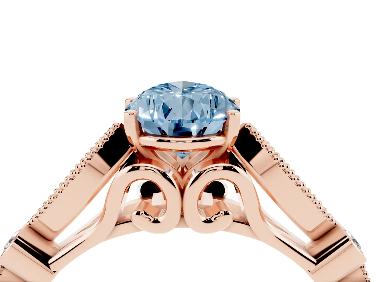 Fancy Blue Pear Cut Cut Diamond with Milgrain Marquise and Bezel Accents on a Solitaire Band with Prong Setting Rose gold