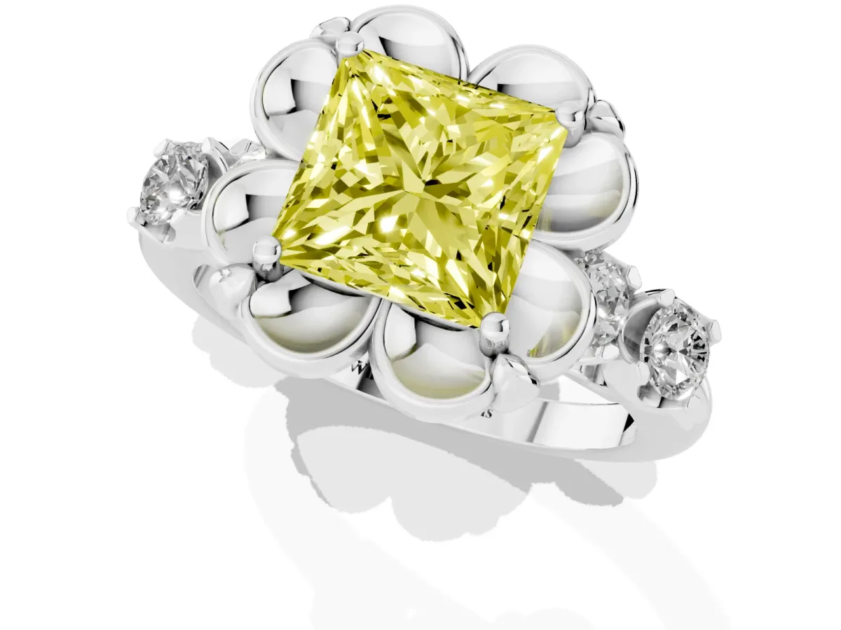 Fancy Yellow Princess Cut Cut Diamond Floral Halo Engagement Ring with Shared Prong Setting Platinum