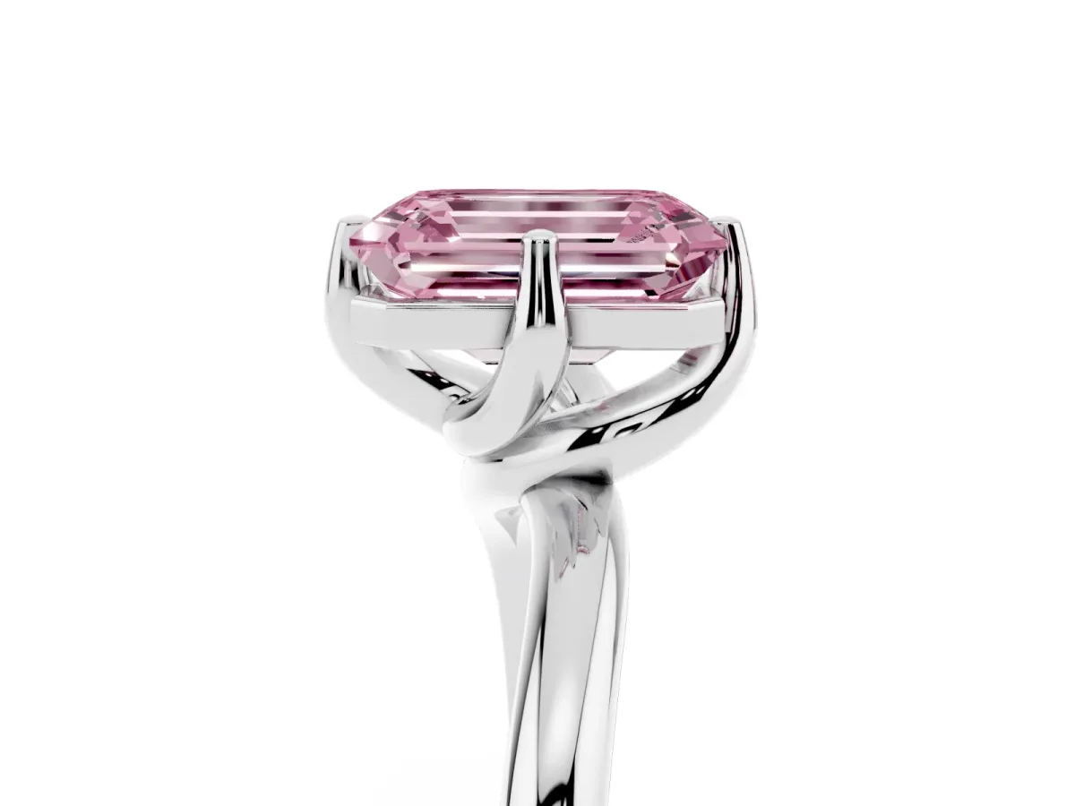 Fancy Pink Emerald Cut Diamond Solitaire Engagement Ring with Four-Prong Setting and Classic Band Silver