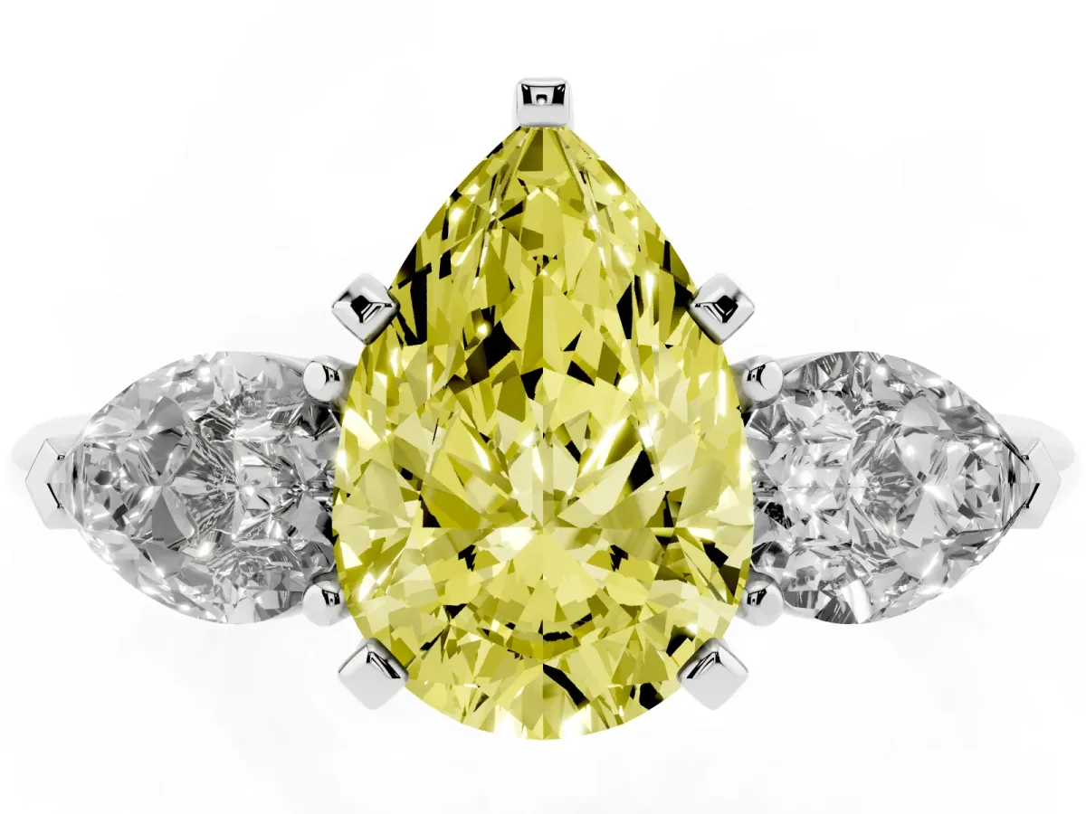 Fancy Yellow Three-Stone Pear Cut Diamond Ring with Pear Side Stones and Four-Prong Setting Silver