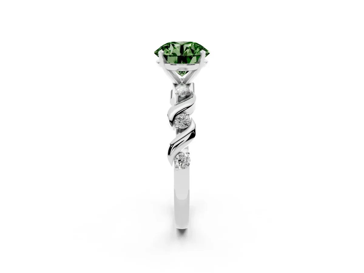 Fancy Green Round Cut Diamond Solitaire Twisted Band with Round Accents and Prong Setting Silver