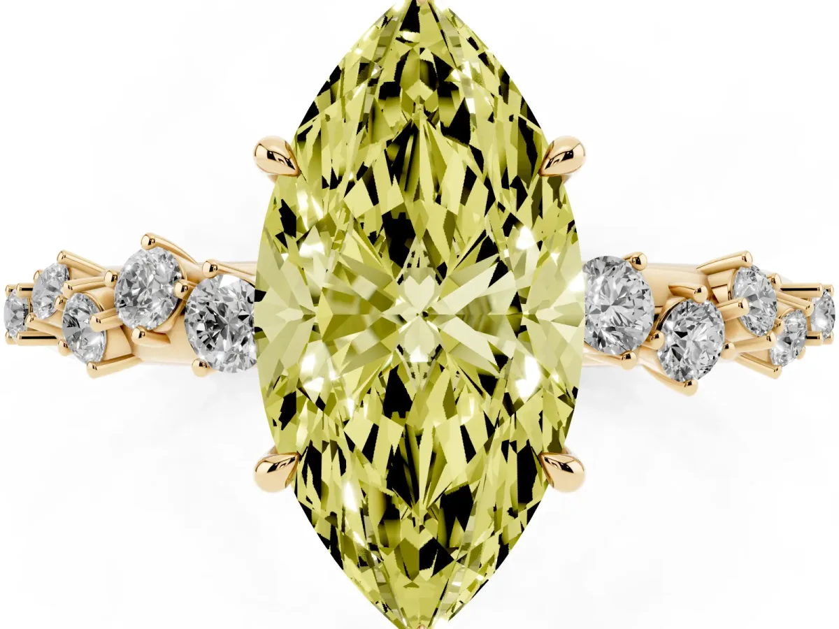 Fancy Yellow Marquise Cut Diamond Cluster Side Stone Solitaire Ring with Prong Setting Yellow gold