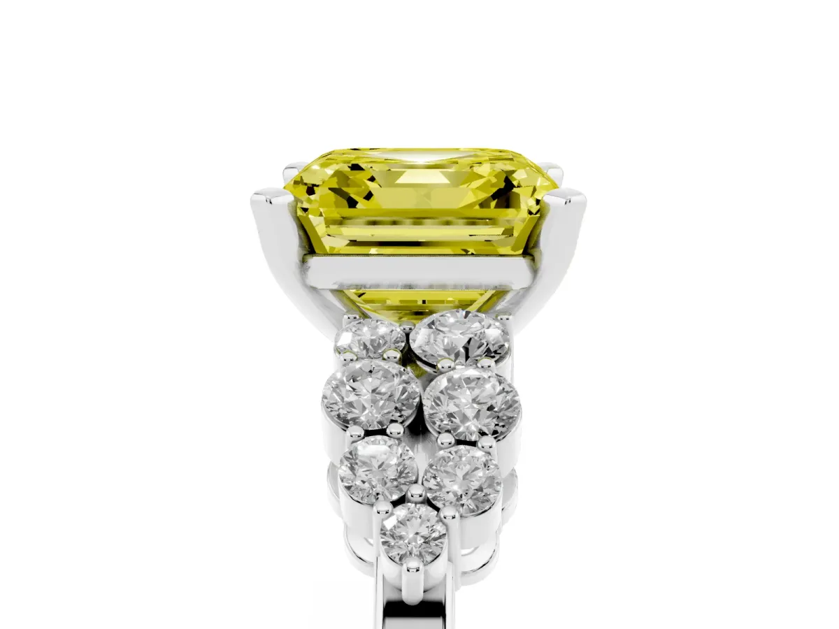 Fancy Yellow Asscher Cut Cluster Diamond Engagement Ring with Pavé Band and Four-Prong Setting Platinum