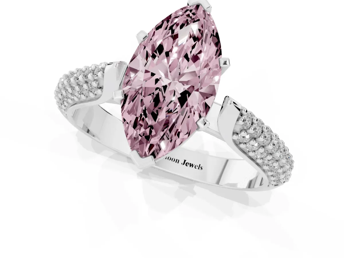 Fancy Pink Marquise Cut Diamond Solitaire Engagement Ring with Multi-Row Round Pavé Band and Prong Setting Silver