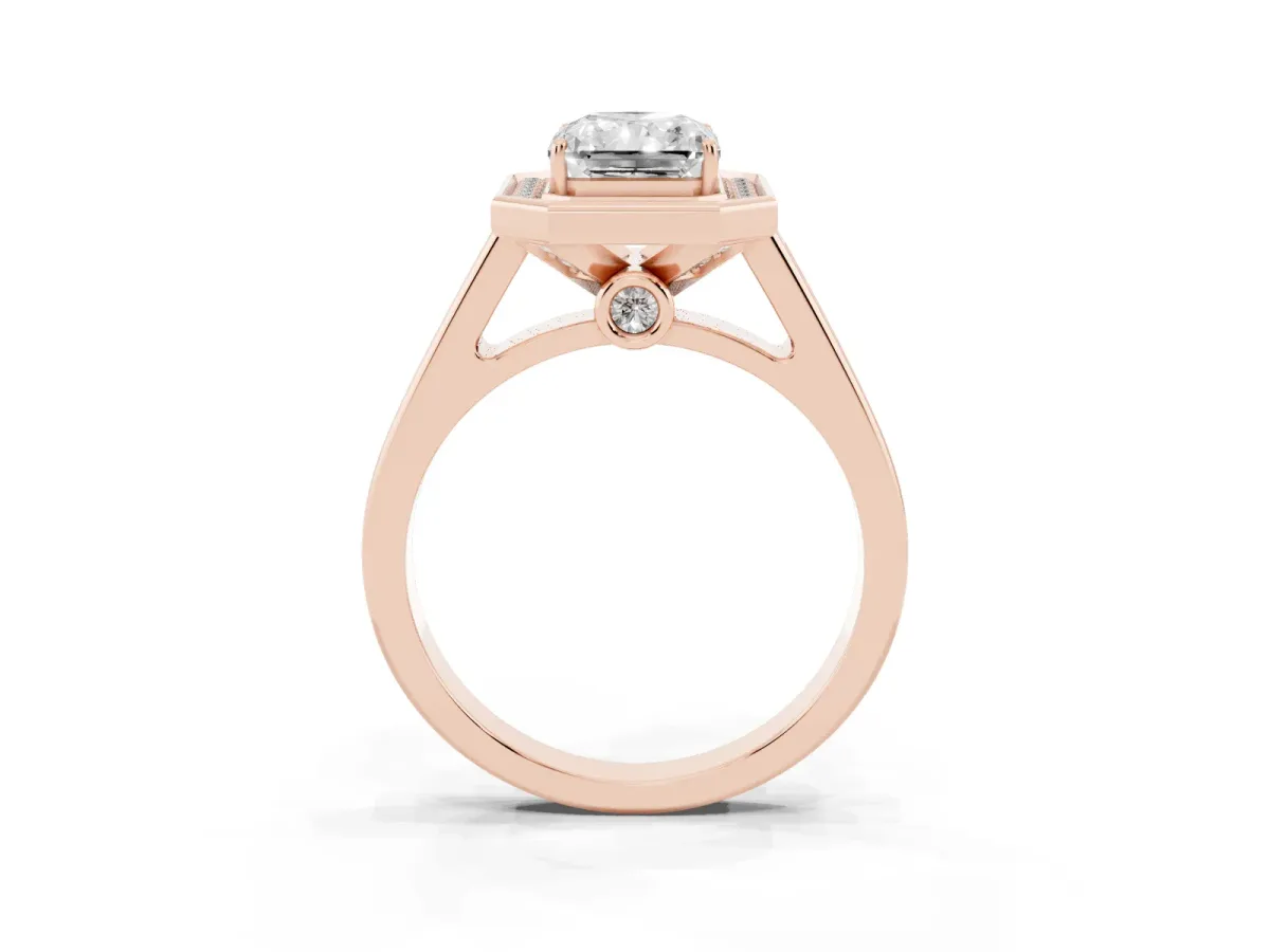 Emerald Cut Halo Solitaire Diamond Ring with Pave Band and Bezel Setting Rose gold