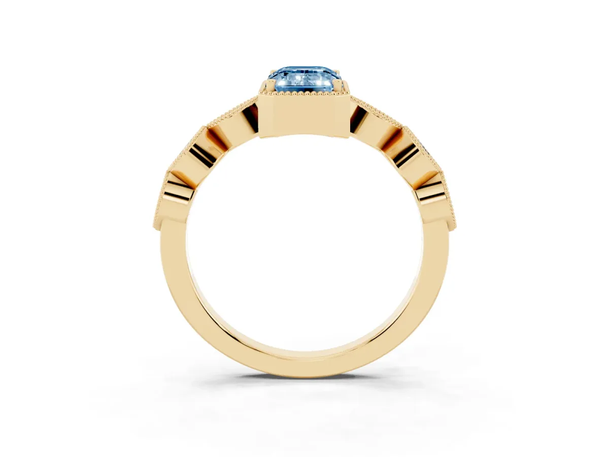 Fancy Blue Emerald Cut Diamond Vintage Milgrain Ring with Round Stations Yellow gold