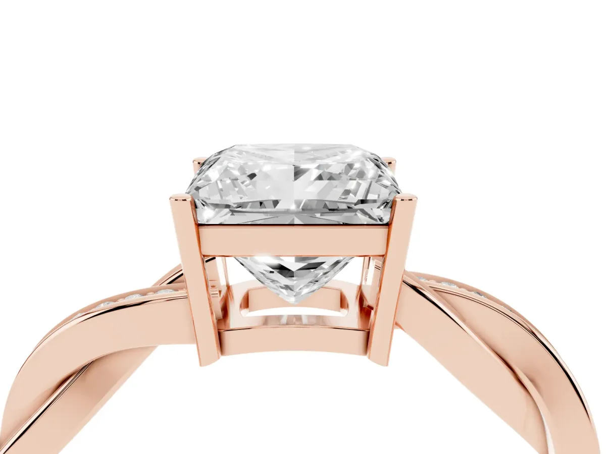 Princess Cut Solitaire Twisted Pave Diamond Ring with Four-Prong Setting Rose gold