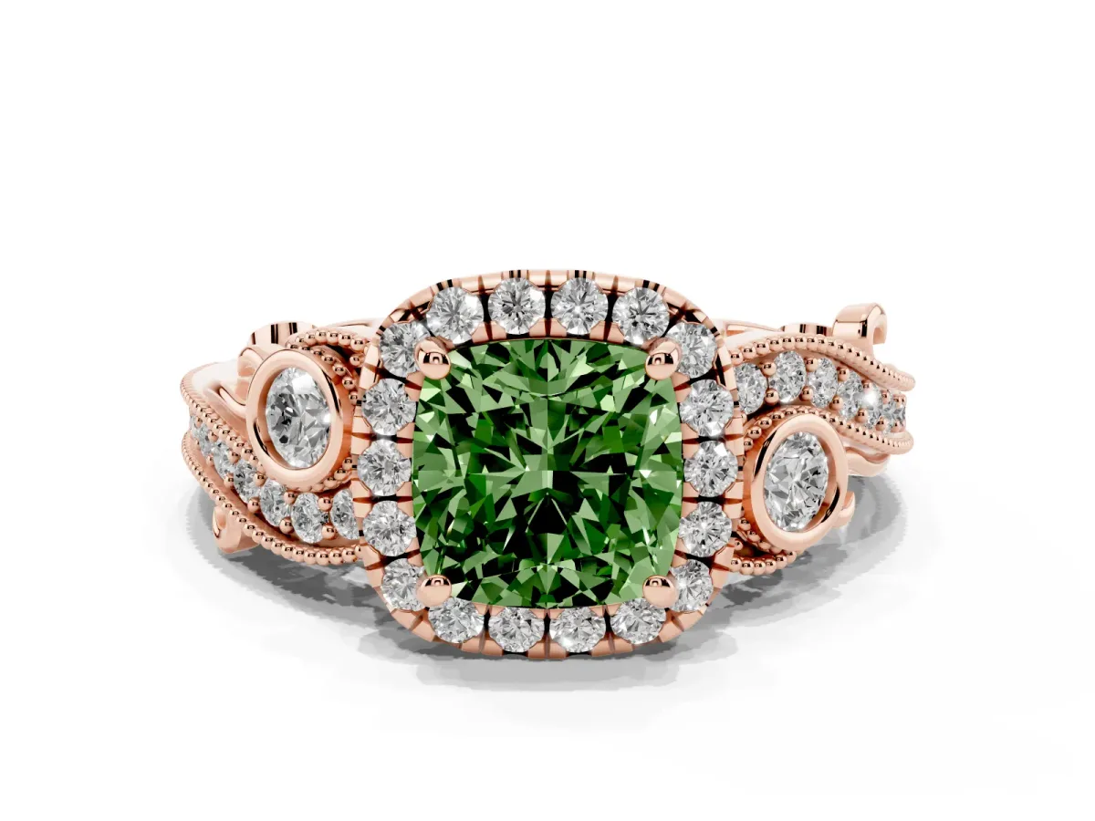 Fancy Green Cushion Cut Halo Diamond Ring with Milgrain and Bezel Accents on a Split Shank Band Rose gold