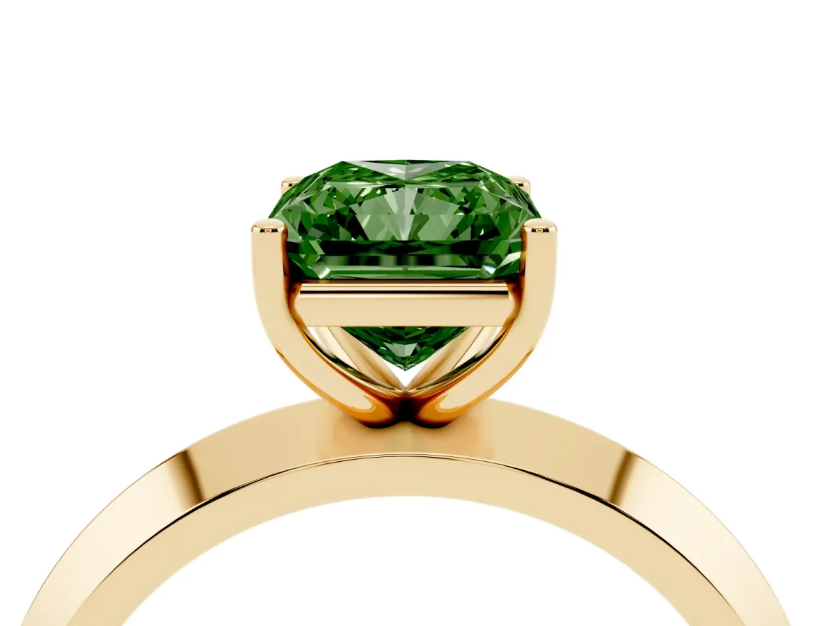 Fancy Green Radiant Cut Cut Solitaire Engagement Ring with Flat Band and Four-Prong Setting Yellow gold
