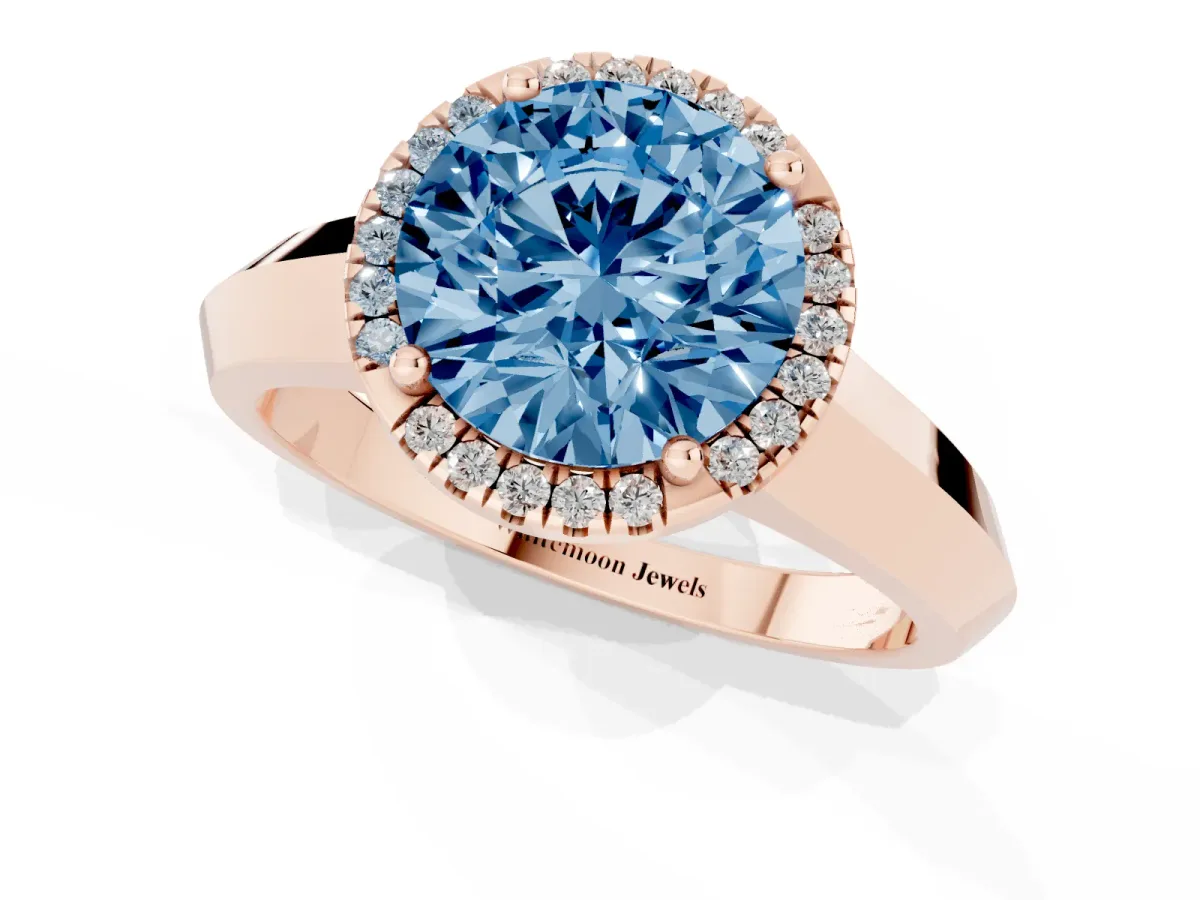 Fancy Blue Round Cut Halo Diamond Ring with Cathedral Band and Four-Prong Setting Rose gold