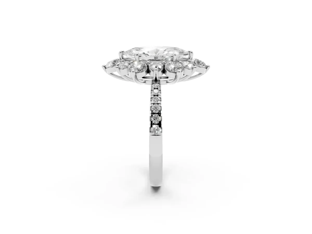 Marquise Cut Diamond Floral Halo Ring with Round Pavé Band and Prong Setting Silver