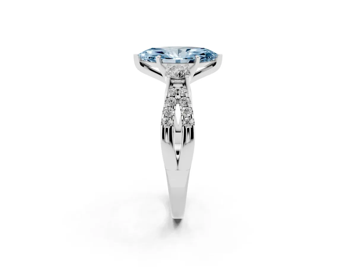 Fancy Blue Marquise Cut Diamond Three-Stone Ring with Pavé Split Shank and Four-Prong Setting White gold