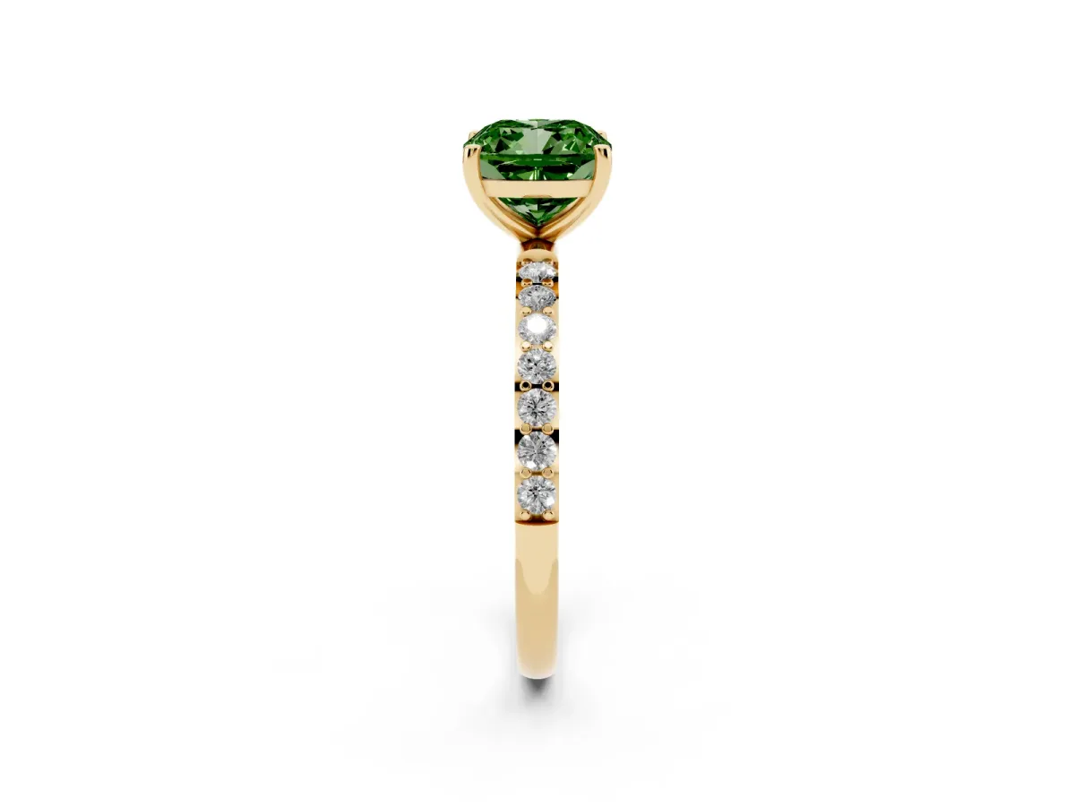 Fancy Green Cushion Cut Diamond Solitaire Ring with Round Pavé Shoulders and Prong Setting Yellow gold