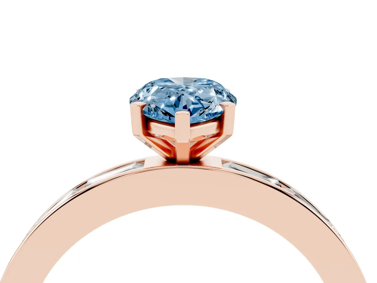 Fancy Blue Pear Cut Solitaire Diamond Ring with Channel-Set Baguette Band and Four-Prong Setting Rose gold