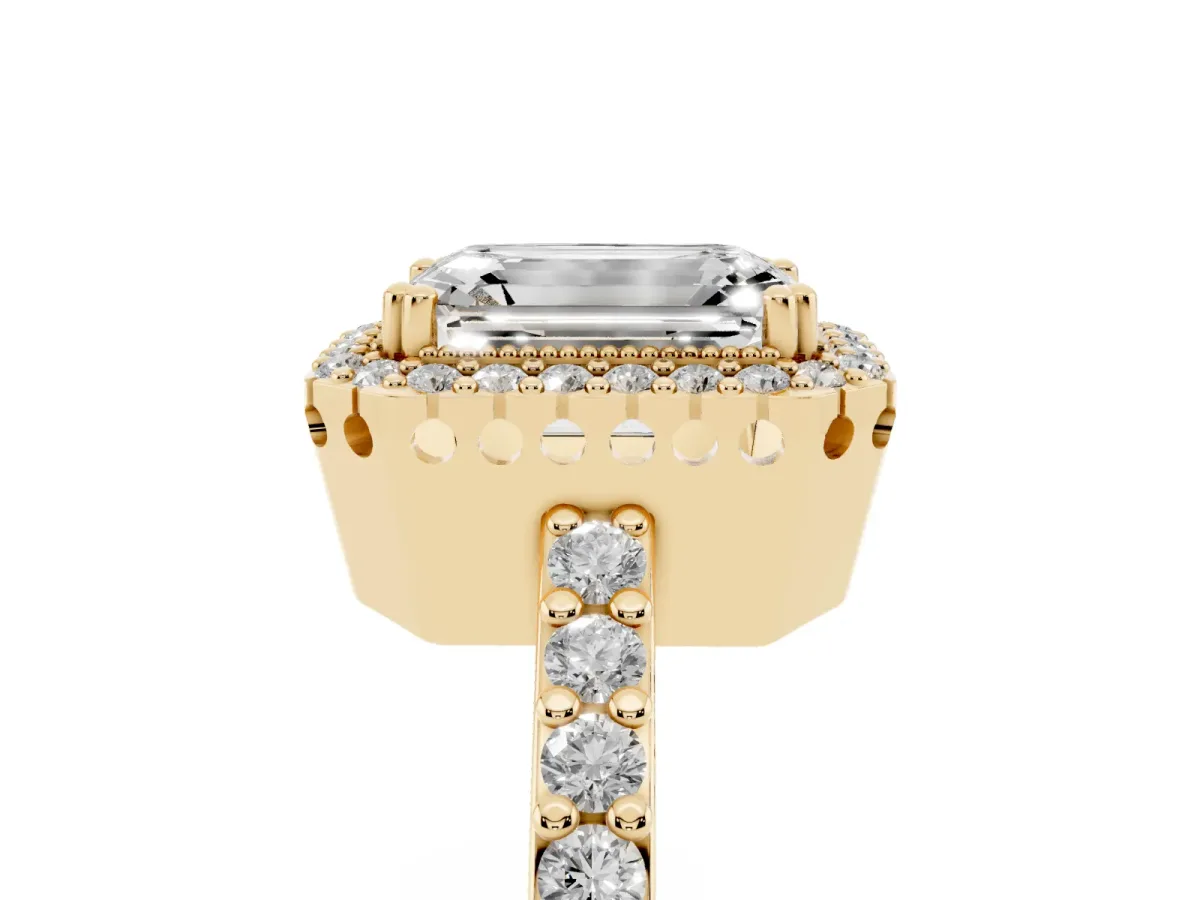 Emerald Cut Cut Diamond Halo Engagement Ring with Milgrain Detail and Pavé Band Yellow gold