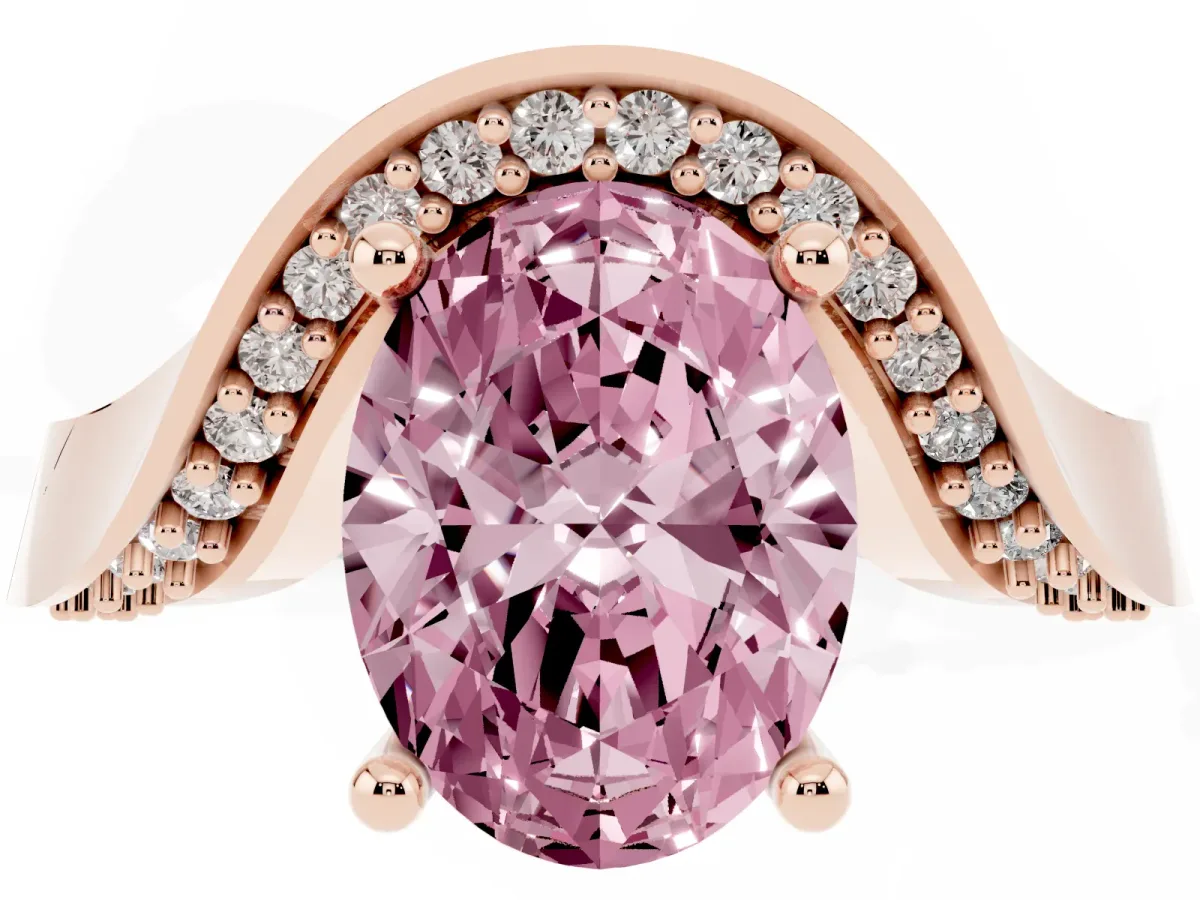 Fancy Pink Oval Cut Solitaire Diamond Engagement Ring with Pave Band and Four-Prong Setting Rose gold