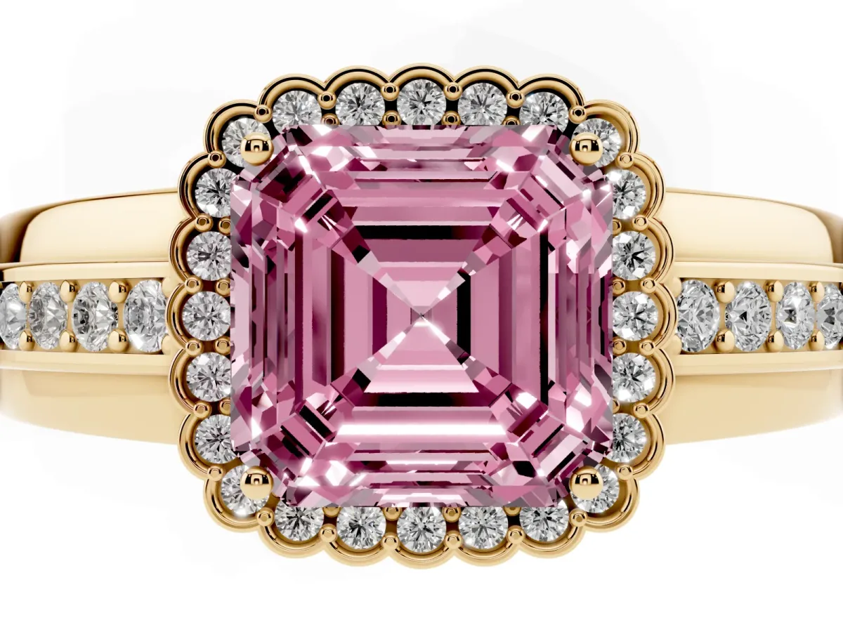 Fancy Pink Asscher Cut Cut Halo Pave Band Four-Prong Ring Yellow gold