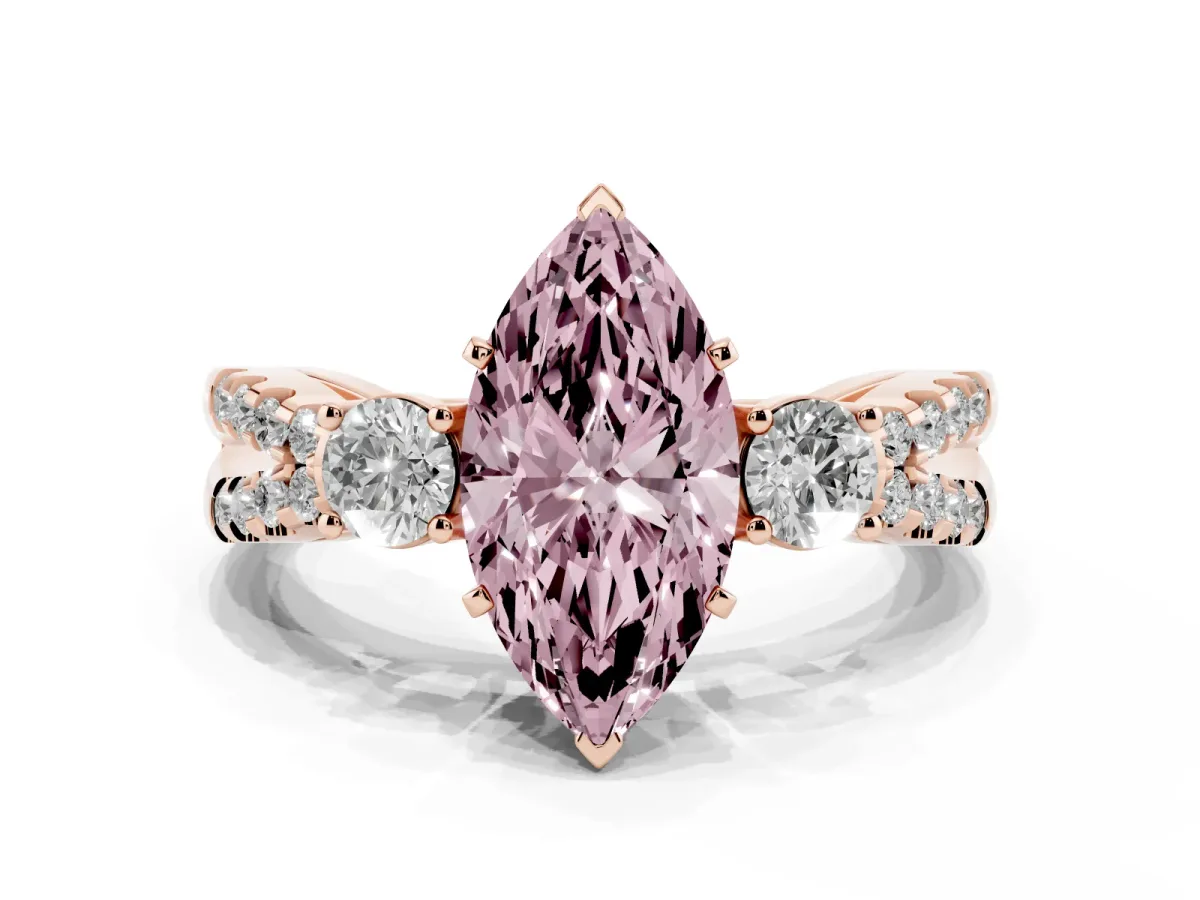 Fancy Pink Marquise Cut Diamond Three-Stone Ring with Pavé Split Shank and Four-Prong Setting Rose gold