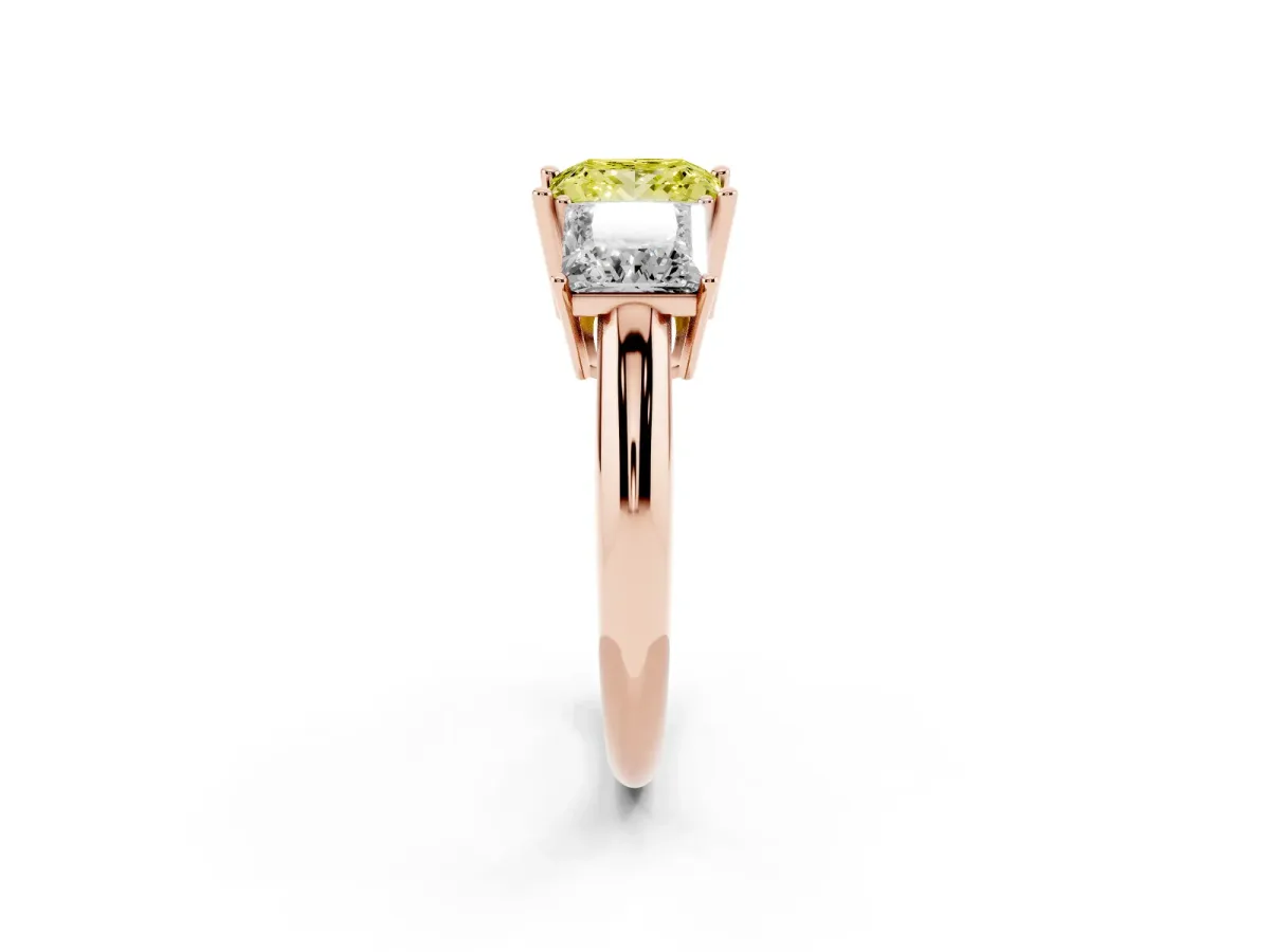 Fancy Yellow Three-Stone Princess Cut Cut Diamond Engagement Ring with Prong Setting on a White Gold Band Rose gold