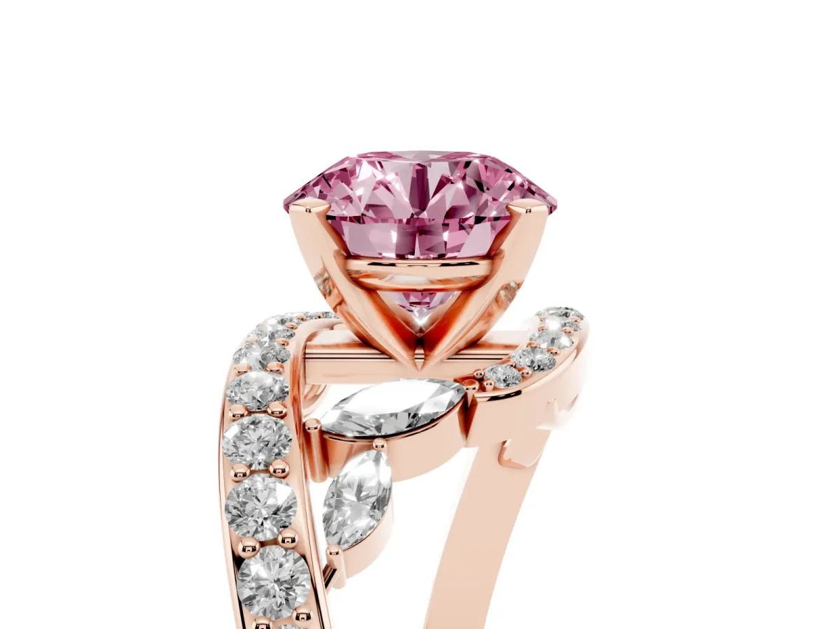 Fancy Pink Round Cut Solitaire with Pavé Twist Band and Four-Prong Setting Rose gold