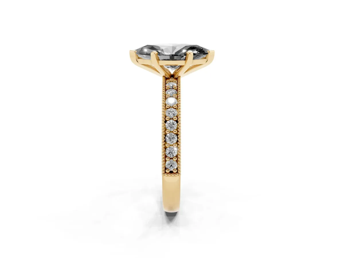 Fancy Black Marquise Cut Diamond Milgrain Pavé Engagement Ring with Four-Prong Setting Yellow gold