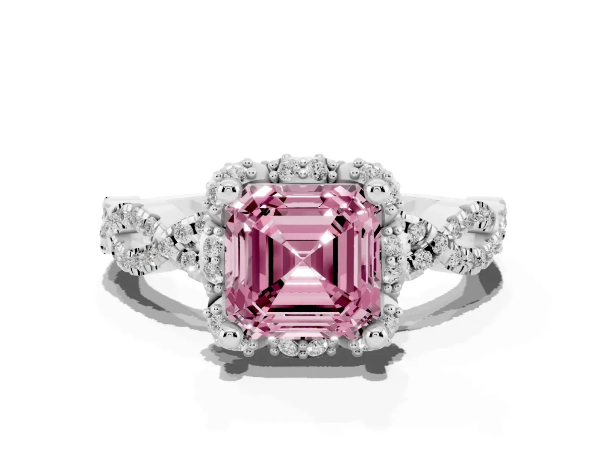 Fancy Pink Asscher Cut Halo Twist Band Solitaire Ring with Six-Prong Setting Silver