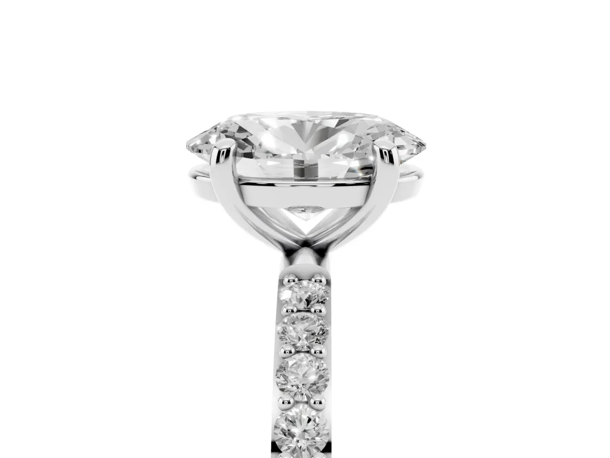 Oval Cut Diamond Solitaire Ring with Round Pavé Band and Prong Setting Silver