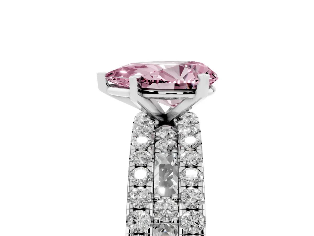 Fancy Pink Pear Cut Diamond Solitaire Ring with Pavé and Channel Set Band Silver