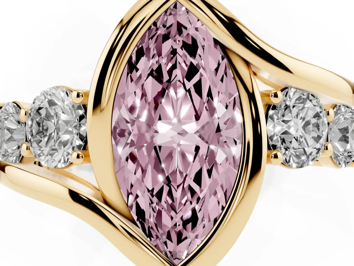 Fancy Pink Bezel Set Marquise Cut Diamond Bypass Ring with Round Accents Yellow gold