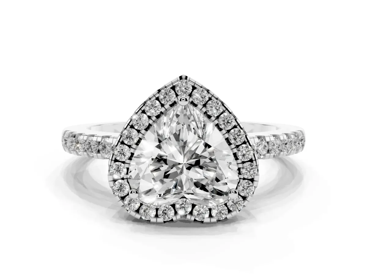 Heart Cut Halo Diamond Engagement Ring with Pavé Band and Four-Prong Setting Platinum