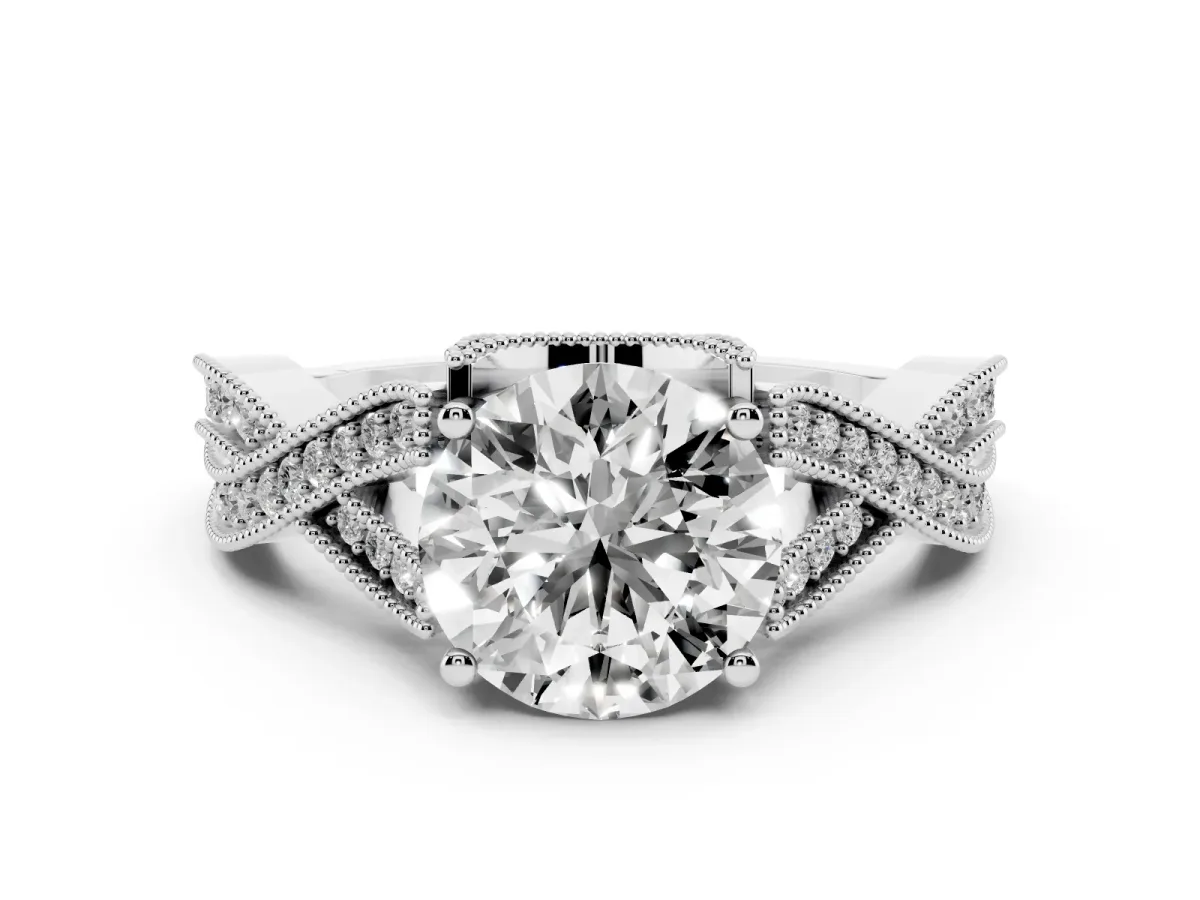 Round Cut Cut Diamond Twisted Band with Milgrain Pave Setting and Four-Prong Setting Silver