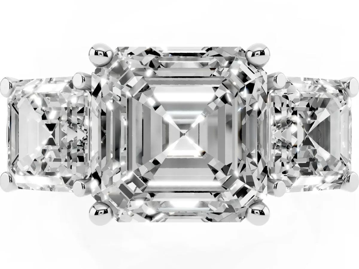 Three-Stone Asscher Cut Brilliant Diamond Trellis Ring with Comfort Fit Band Silver