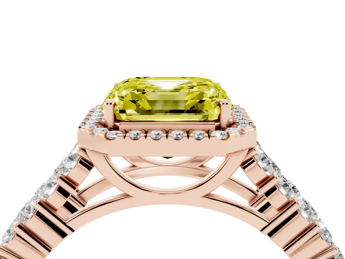 Fancy Yellow Asscher Cut Diamond Halo Engagement Ring with Triple Row Round Pavé Band and Prong Setting Rose gold