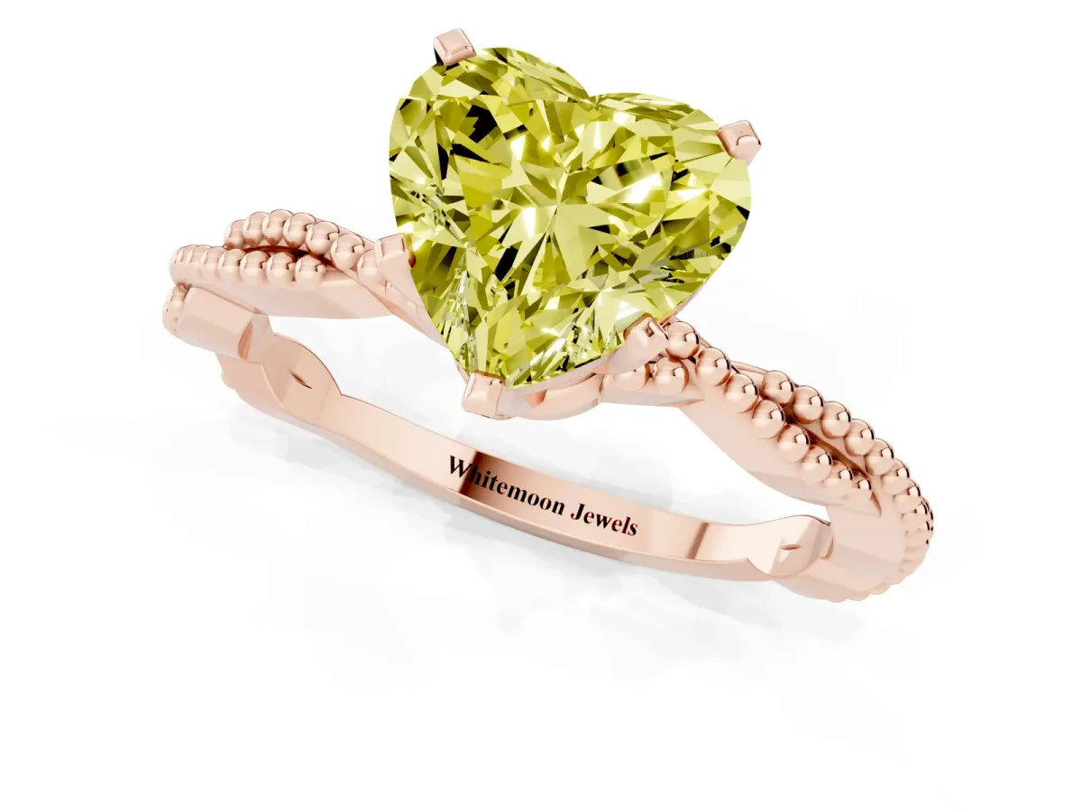 Fancy Yellow Heart Cut Solitaire Twisted Band with Bead Prong Setting Rose gold
