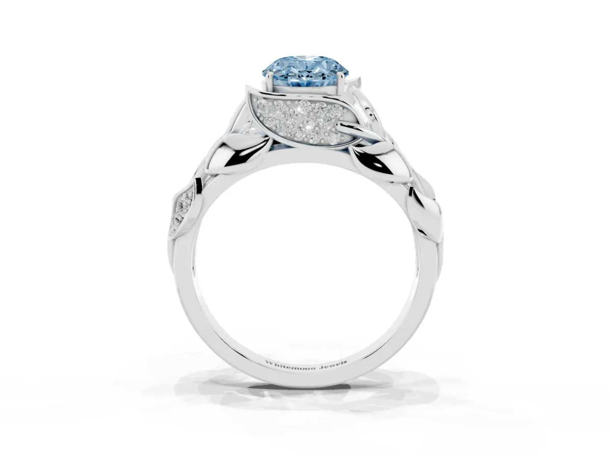 Fancy Blue Oval Cut Diamond Leaf-Inspired Engagement Ring with Round Accents and Prong Setting Silver